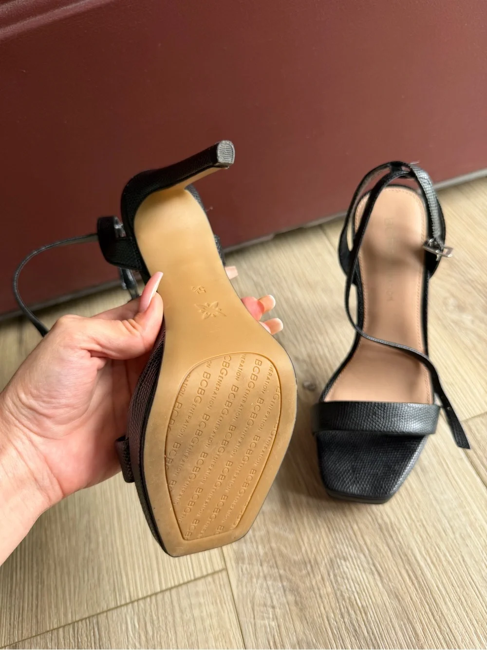 BCBGeneration Black Textured Ankle-Tie Stiletto Sandals